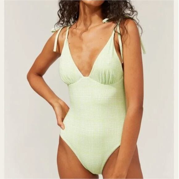 Solid & Striped Olympia Pistachio Green Gingham Reversible One Piece Swimsuit - Picture 1 of 8